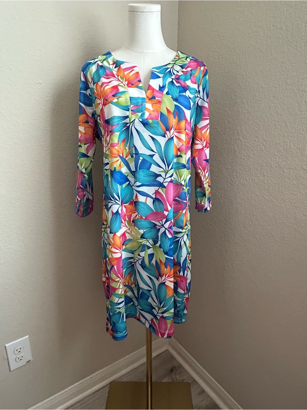 Caribbean Joe Multi-Color Tropical Floral Shift Dress